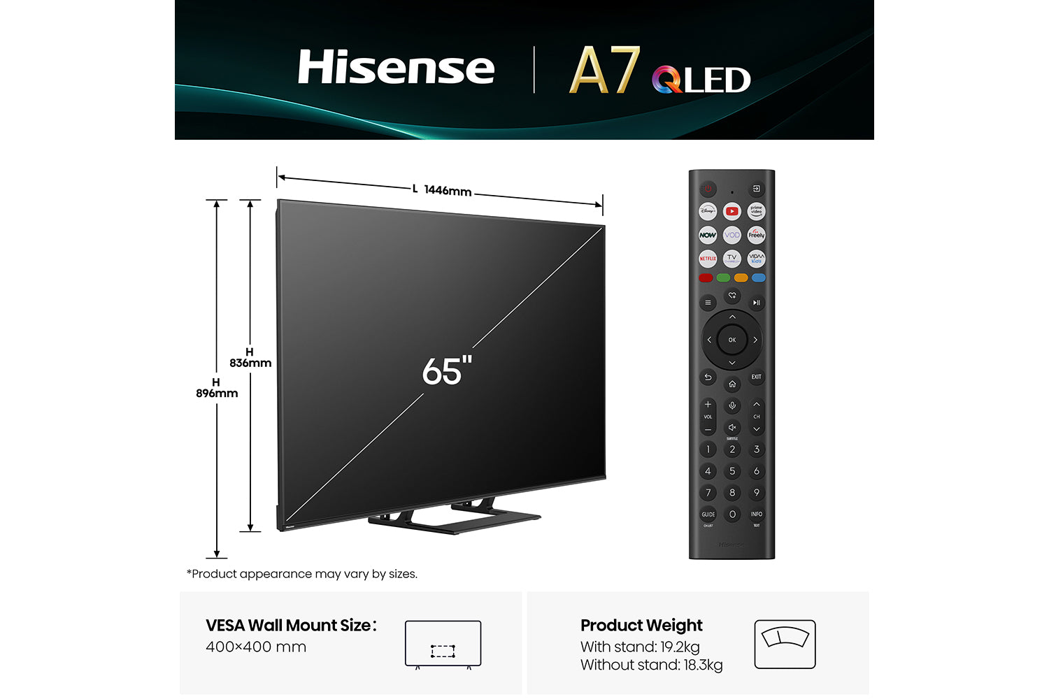 65-inch Hisense A7 QLED TV with remote control and specifications on a white background