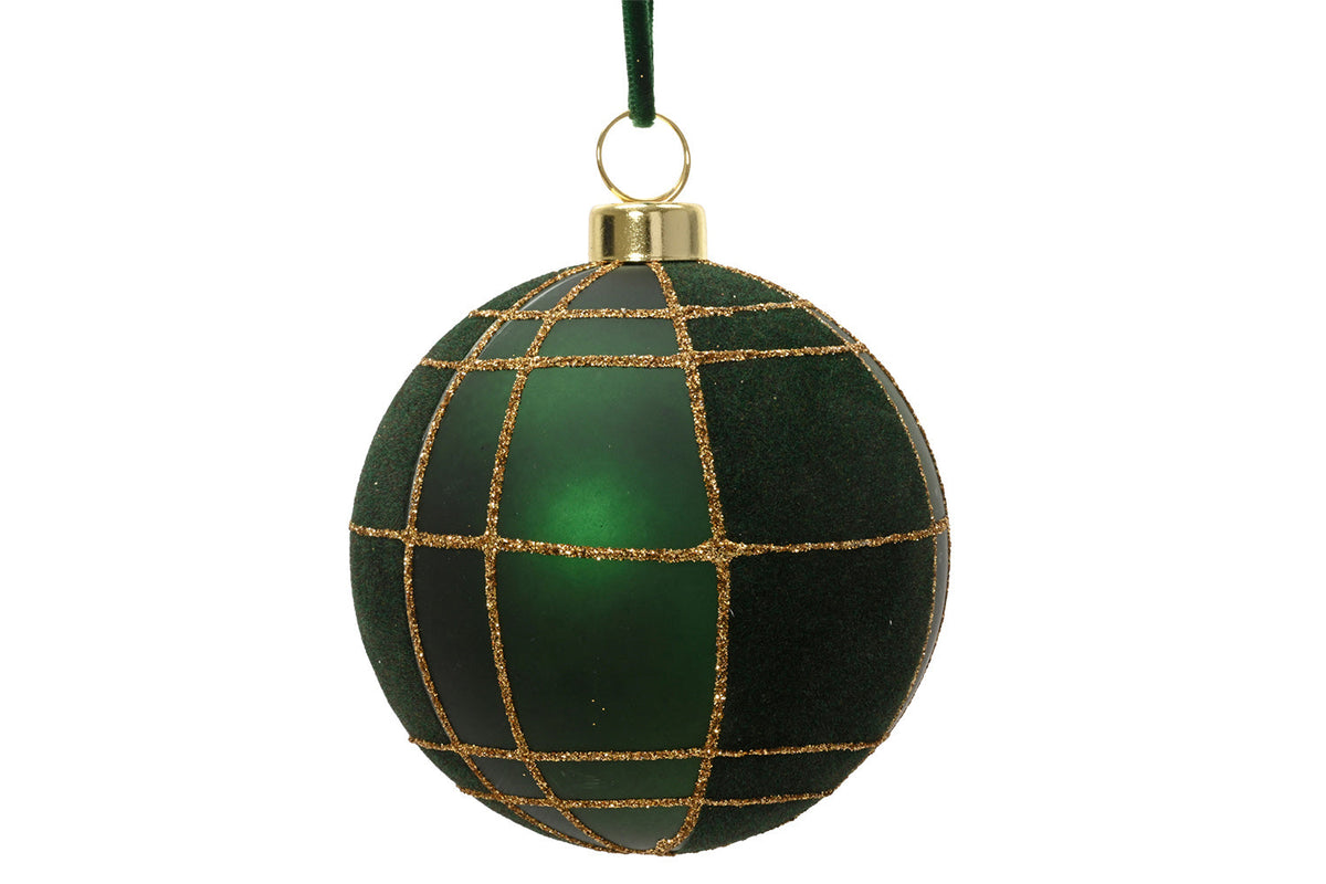 Christmas Decoration | Matte Velvet Check Bauble | Pine Green | 8 cm