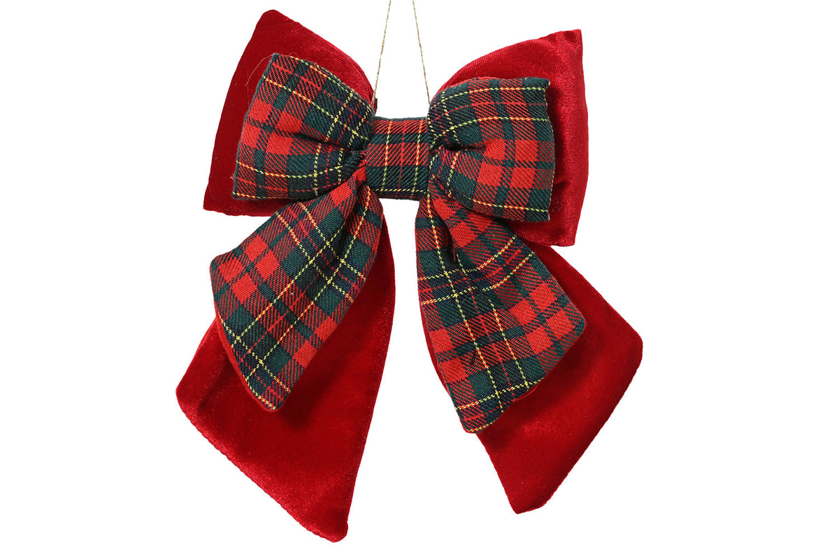 Christmas Decoration | Bow with Checked Pattern | Oxblood Red | 23 cm