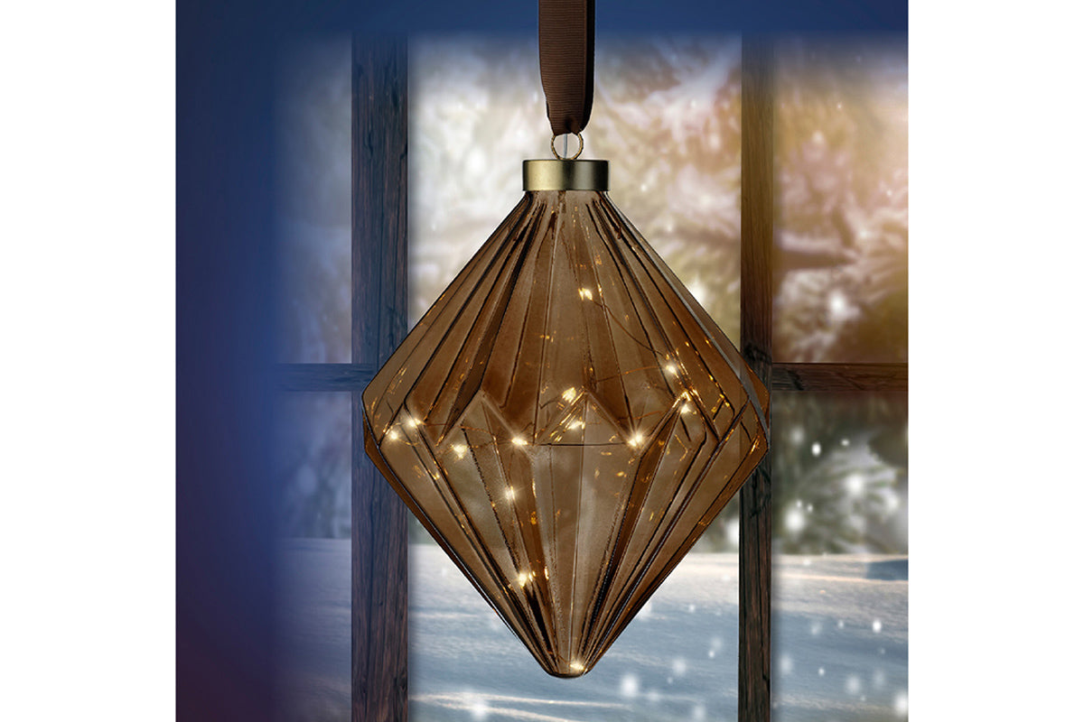 Christmas Decoration | Micro LED Diamond Shape Bauble | 16cm | Brown/Warm White