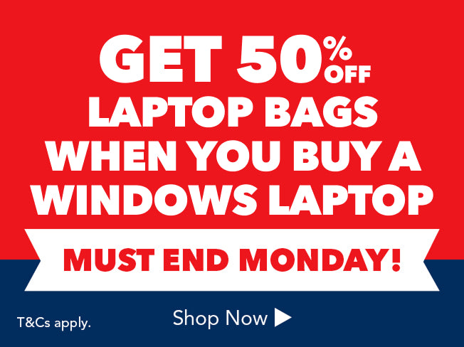 Save 50% off laptop bags when bought with select laptops this Bank Holiday Weekend.