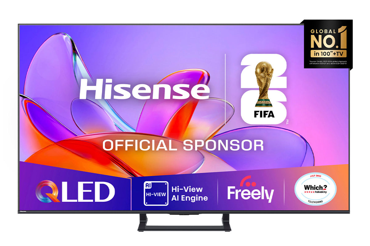 Hisense QLED TV with FIFA sponsorship and various logos on the screen