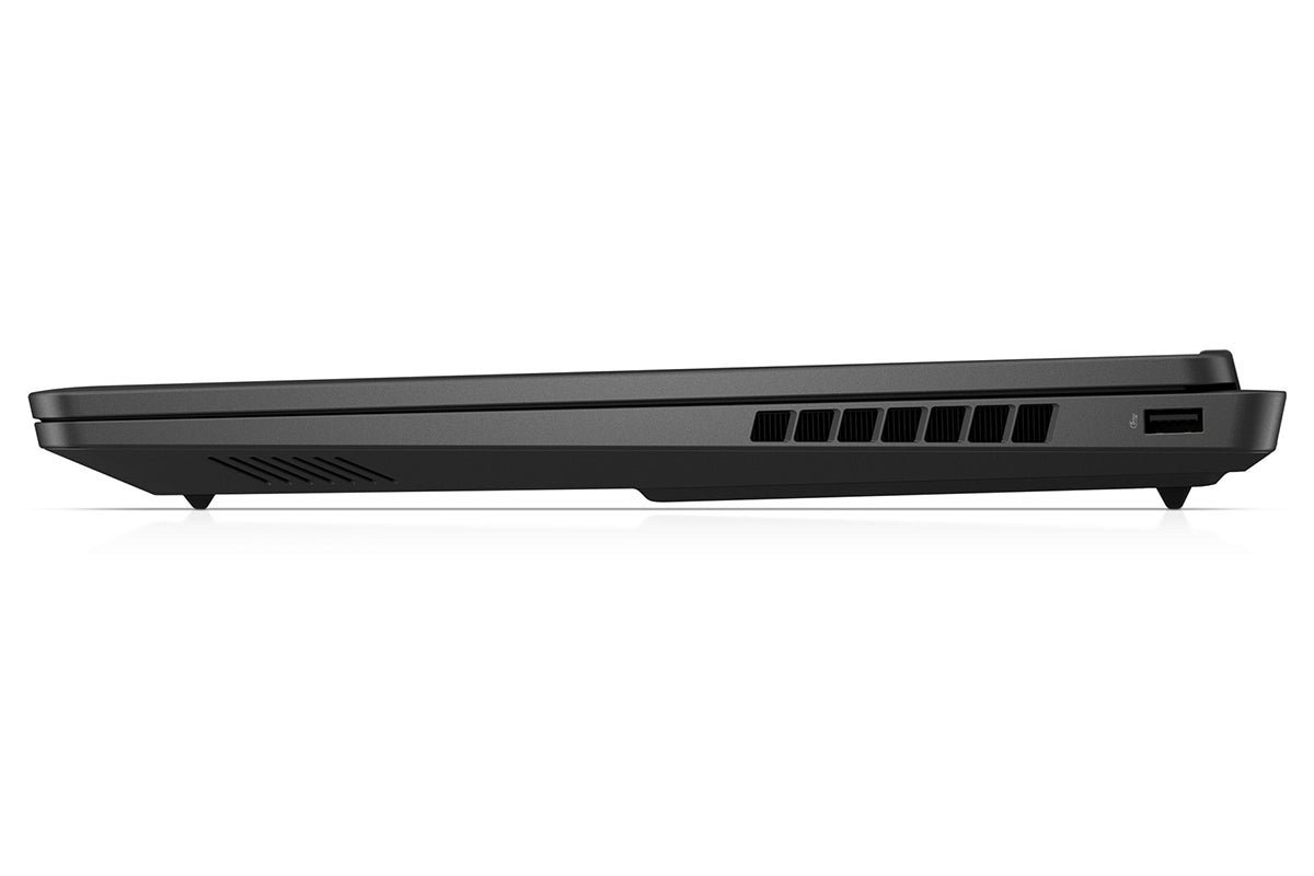 Side view of a black laptop on a white background