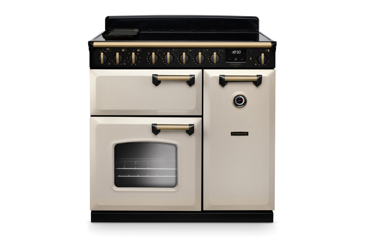 Rangemaster Classic Deluxe 90cm Electric Range Cooker with Antique Brass Trim | CLDL90EIPPCRAB1 | Pale Cream