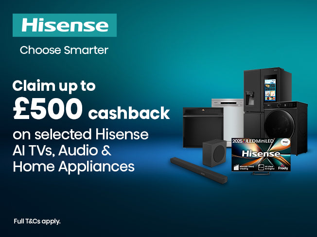 Claim up to £500 cashback on selected Hisense Appliances.