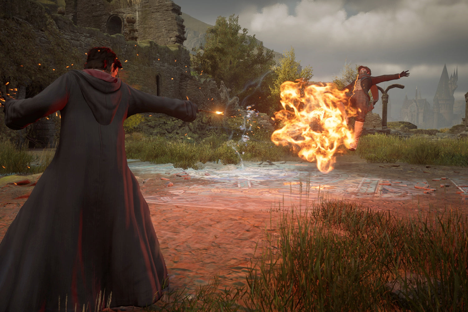 Character in dark robe casting a spell with fire effects in a fantasy setting