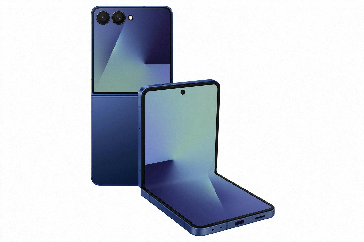 Blue smartphone showing front and back on a white background