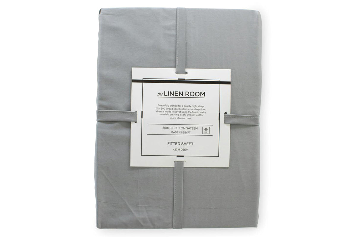 The Linen Room | 300TC Cotton Sateen Extra Deep Fitted Sheet | Grey | Super King