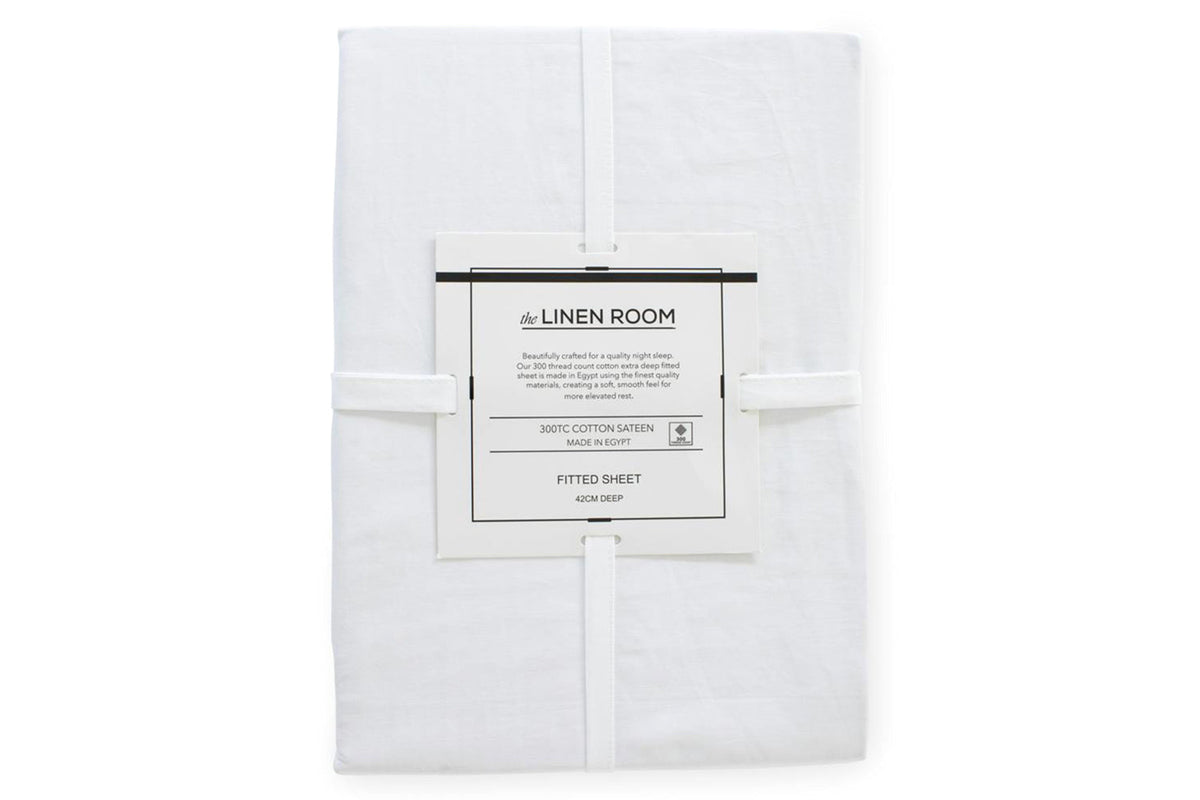 The Linen Room | 300TC Cotton Sateen Extra Deep Fitted Sheet | White | King