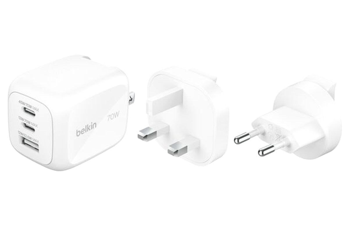 Belkin 3-Port GaN Wall Charger 70W with Travel Adapter Kit