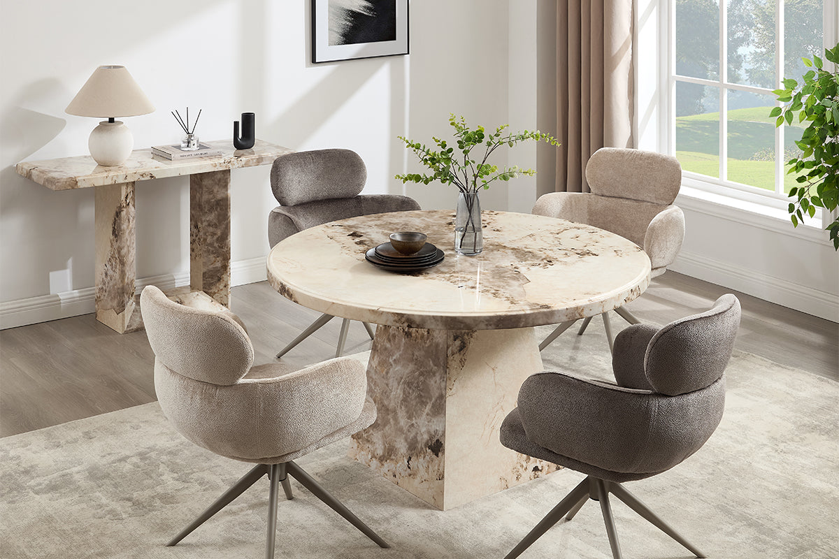 Canova Artemis Round Dining Table | 130 cm | Mottled Mocha Marble