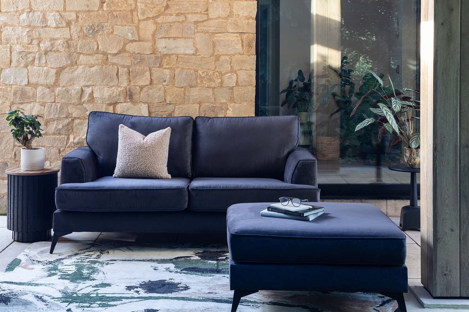 Jude Footstool and 2 Seater Sofa Blue Fabric by Harvey Norman