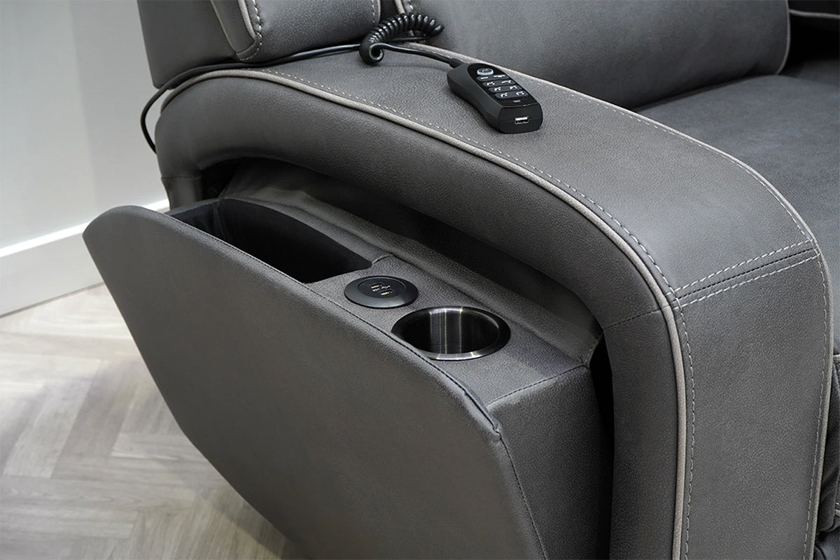 Open Box featuring a cup holder and storage box for the remote control for Shobi recliners by Harvey Norman. 