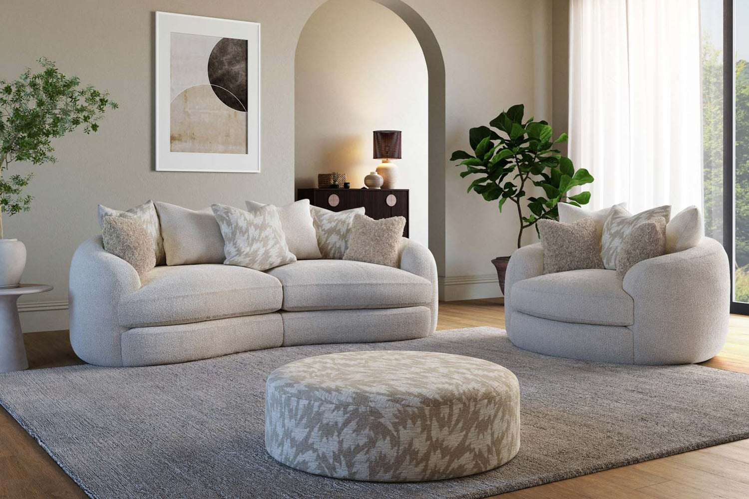 Fabric Whisper Swivel Armchair, 4 Seater Sofa and Footstool Cream
